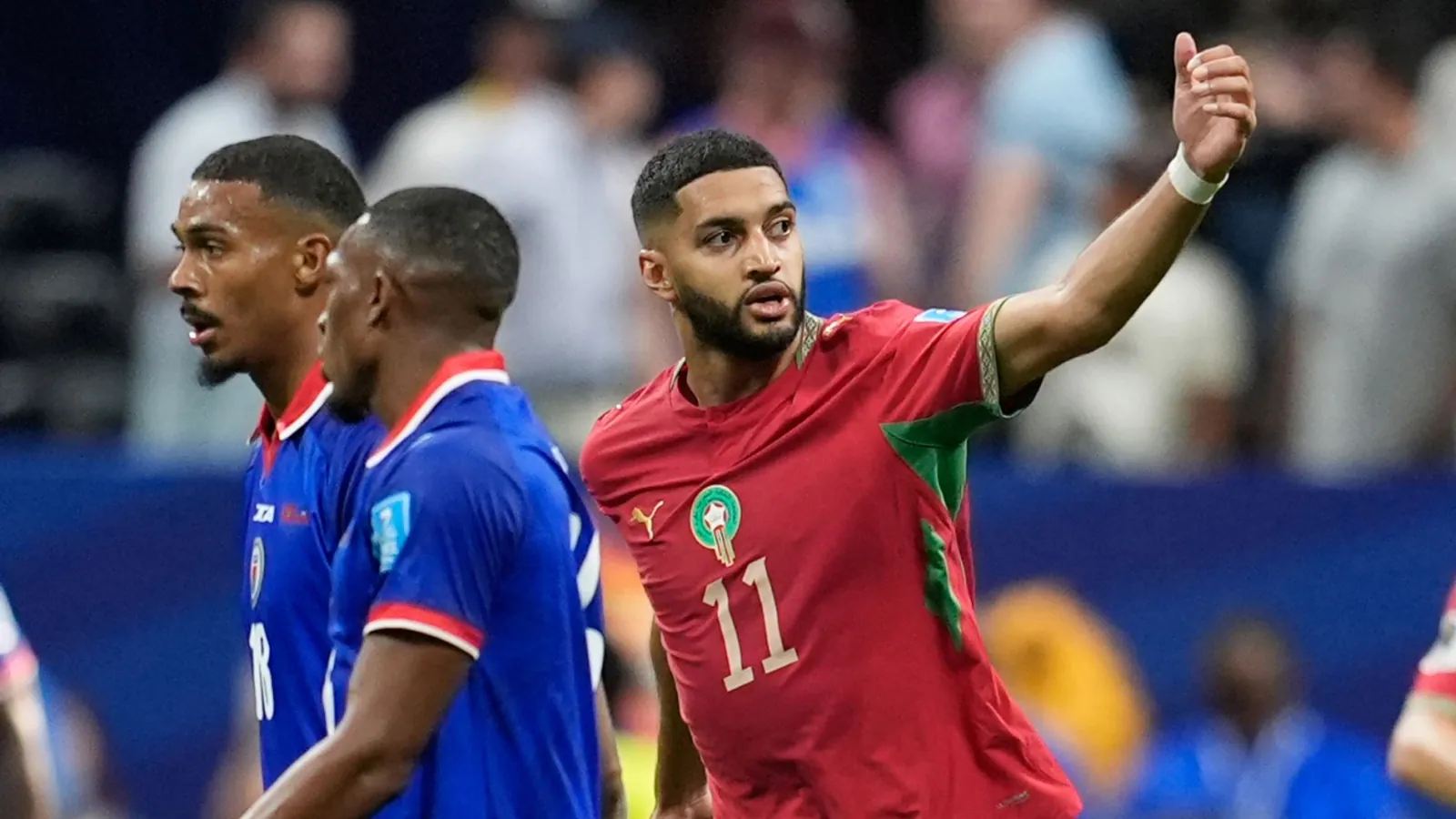 Morocco's Ismael Saibari celebrates after scoring a goal (AP Photo/Mike Stewart)