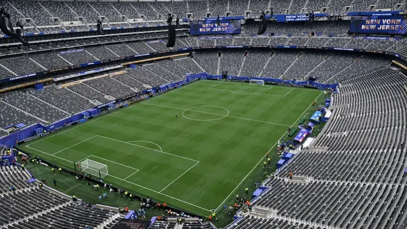 This view shows the New York/New Jersey Stadium ahead of the 2026 World Cup round of 32 football match between France and Sweden
