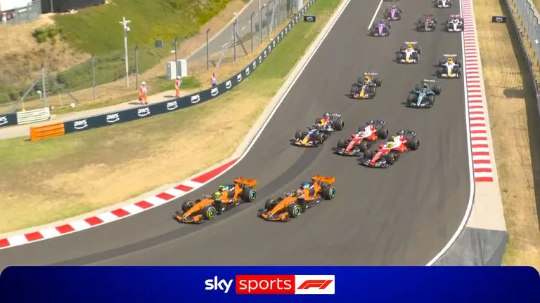 Watch Oscar Piastri take the lead from Lando Norris as George Russell has a race start to forget.