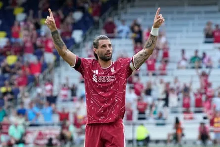 Dominik Szoboszlai celebrates after scoring in Liverpool’s preseason friendly against Sunderland.