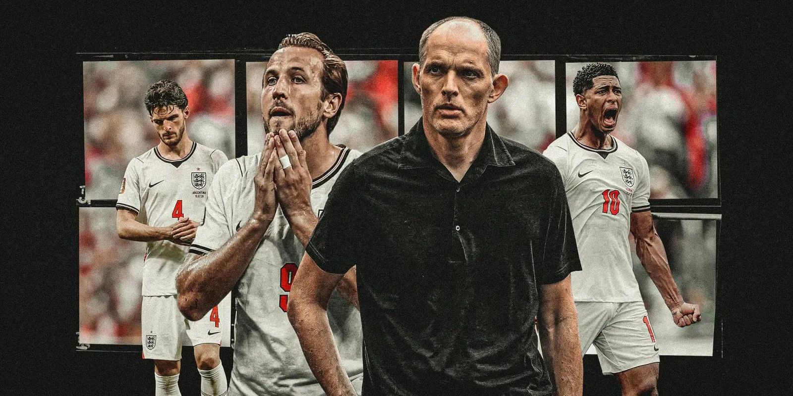 A stylised image showing England's Declan Rice, Harry Kane, coach Thomas Tuchel and Jude Bellingham
